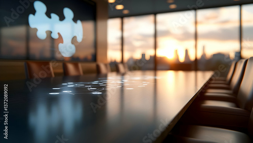 Wallpaper Mural Conference Room with Jigsaw Puzzle Hologram and Cityscape View at Sunset Torontodigital.ca