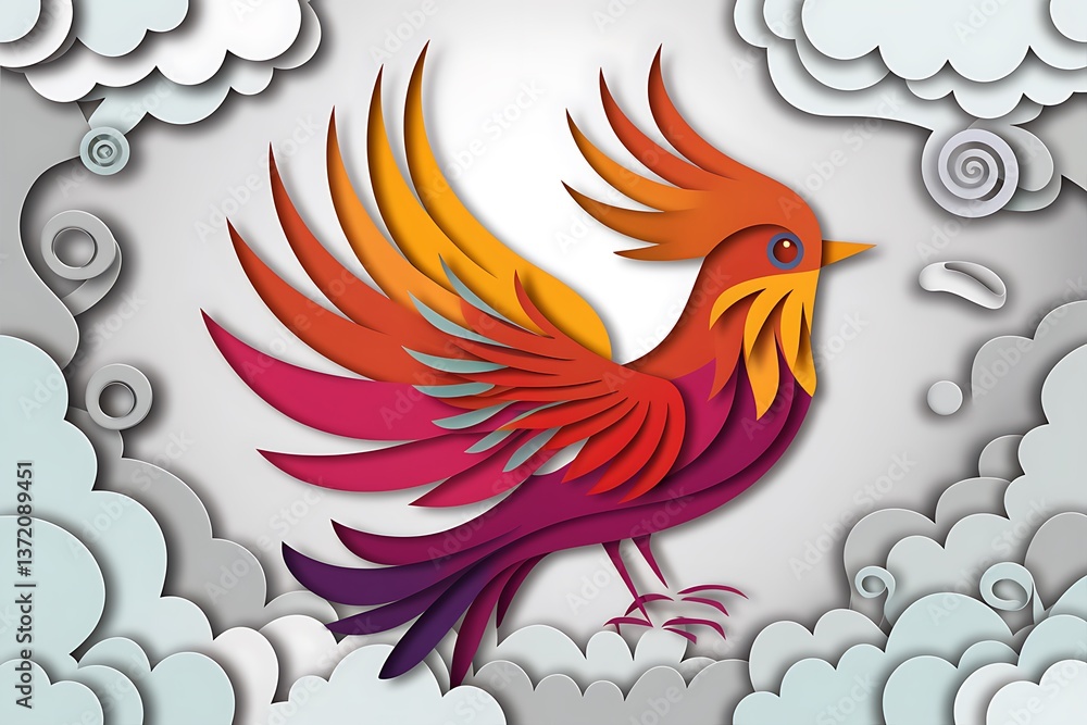 Obraz premium A vibrant, stylized phoenix soars amidst paper-cut clouds, showcasing intricate wing details and bold color gradients.