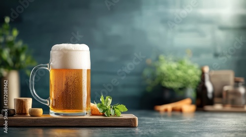 Light-colored beer in a mug, garnished with fresh herbs