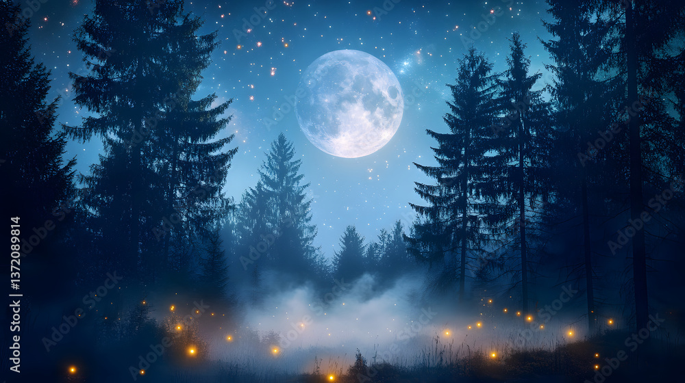Naklejka premium Moonlit Enchantment: The moon casts its ethereal glow upon a misty forest, creating a scene of serene beauty with a touch of magic.