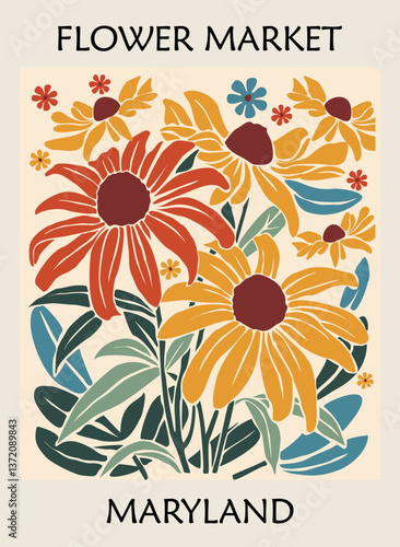 Abstract Flower Market Maryland poster. Trendy botanical wall art with Black Eyed Susan, Rudbeckia flowers. Modern naive groovy funky interior decoration, painting. Vector art illustration