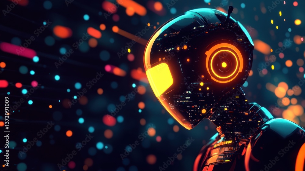 Fototapeta premium Futuristic robot head in vibrant digital display