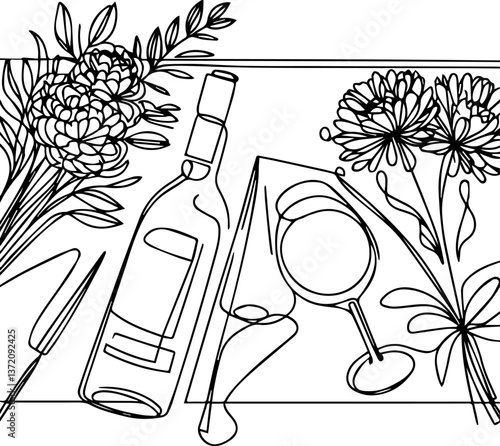 Wine bottle and glass with flowers in line art style  