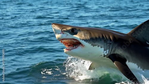  A close-up of a great white shark emerging from the water, showcasing its teeth and powerful presence. Large white shark Ready to attack its prey.
