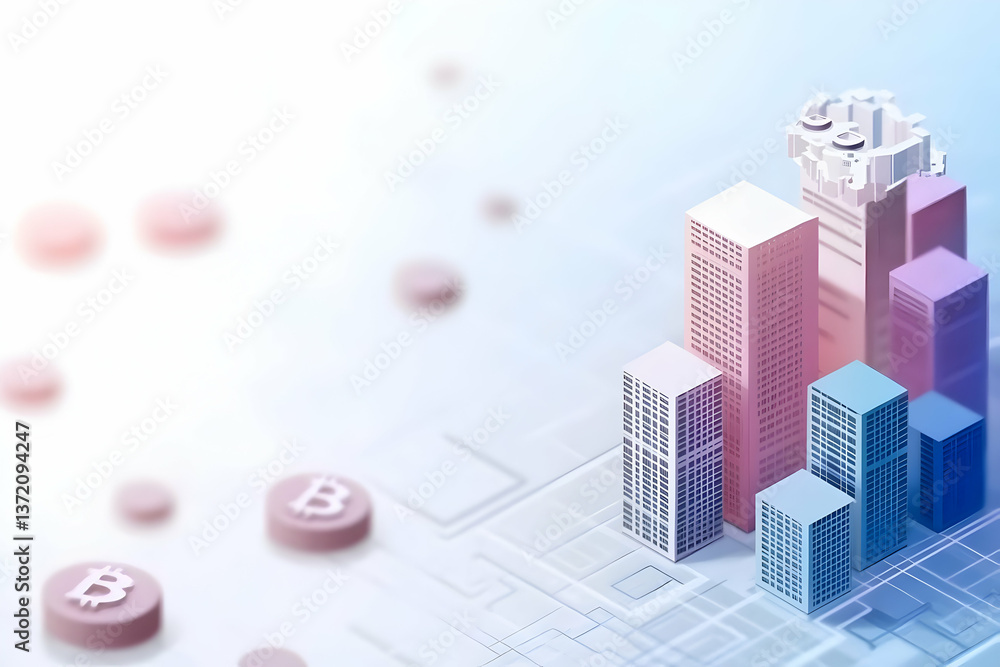Isometric Bitcoin Growth Chart with Abstract Geometric Elements in Pastel Tones