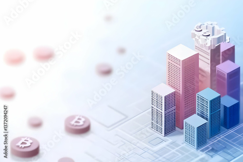 Isometric Bitcoin Growth Chart with Abstract Geometric Elements in Pastel Tones