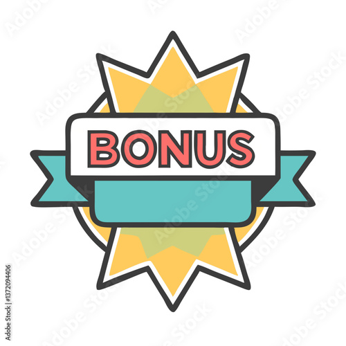 Multicoloured badge with the word ‘BONUS’ isolated on white background for promotional offers,loyalty programmes and special rewards announcements.
