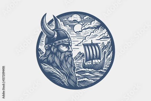 Vintage black and white Viking warrior emblem with longship