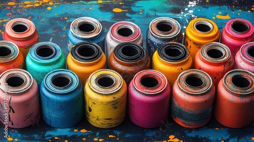 Colorful paint cans arranged on textured surface with background splatters