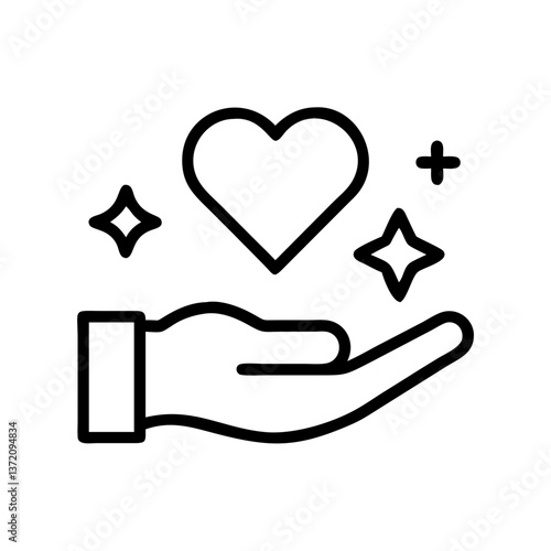 A black outline icon of a hand gently holding a heart with sparkles and a plus sign around it. Use for charity websites, healthcare blogs, and showing care or support.