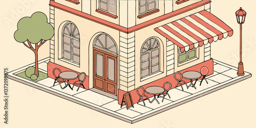 Isometric, cartoon-style illustration of the corner of a charming European/French cafe or bistro with an awning, outdoor seating, a street lamp, and a small tree. Ideal for sites/blogs on travel, food
