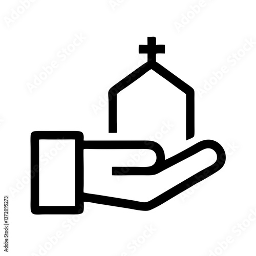 Black outline icon of hands offering or supporting building with cross and dollar sign isolated on white background for church fundraising,religious donations and financial support for religious
