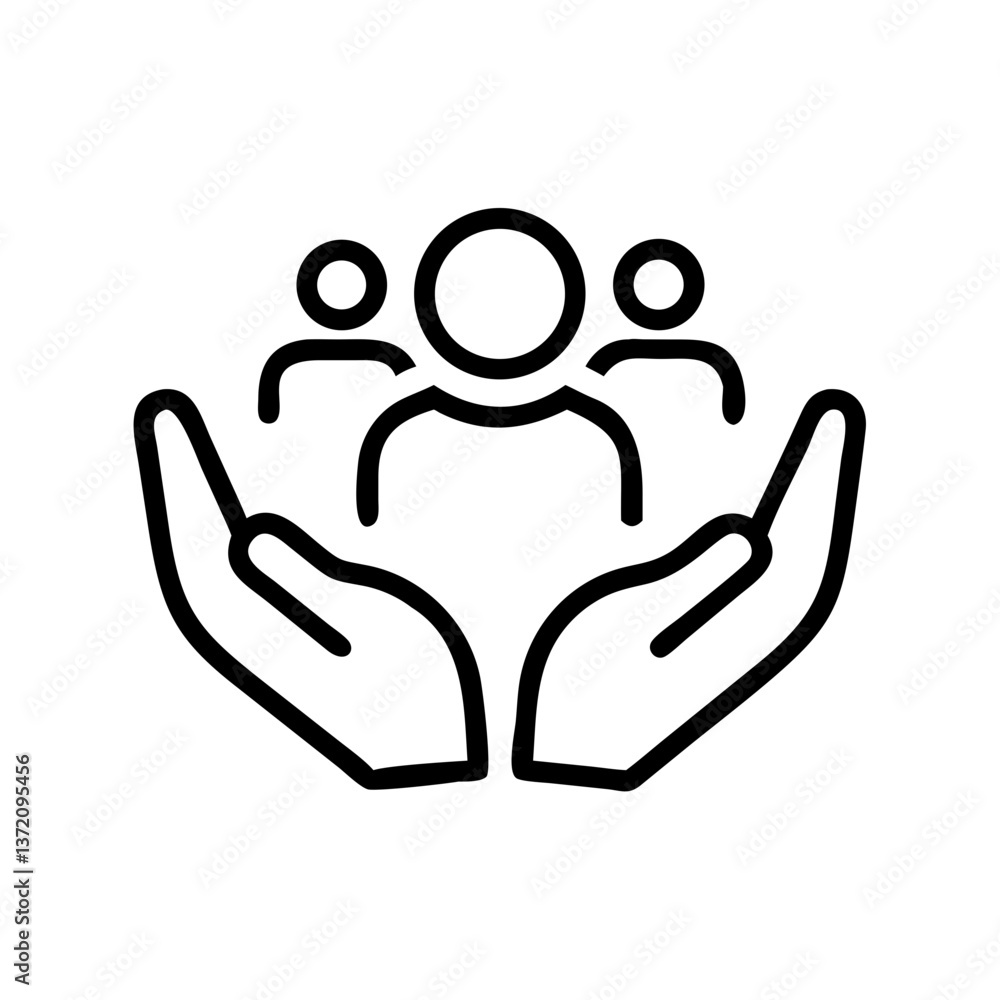 Black outline icon of hands hugging abstract human figures isolated on white background for social services websites,support services blogs,also for community or family illustrations. Black outline icon of hands hugging abstract human figures isolated on white background for social services websites,support services blogs,also for community or family illustrations.