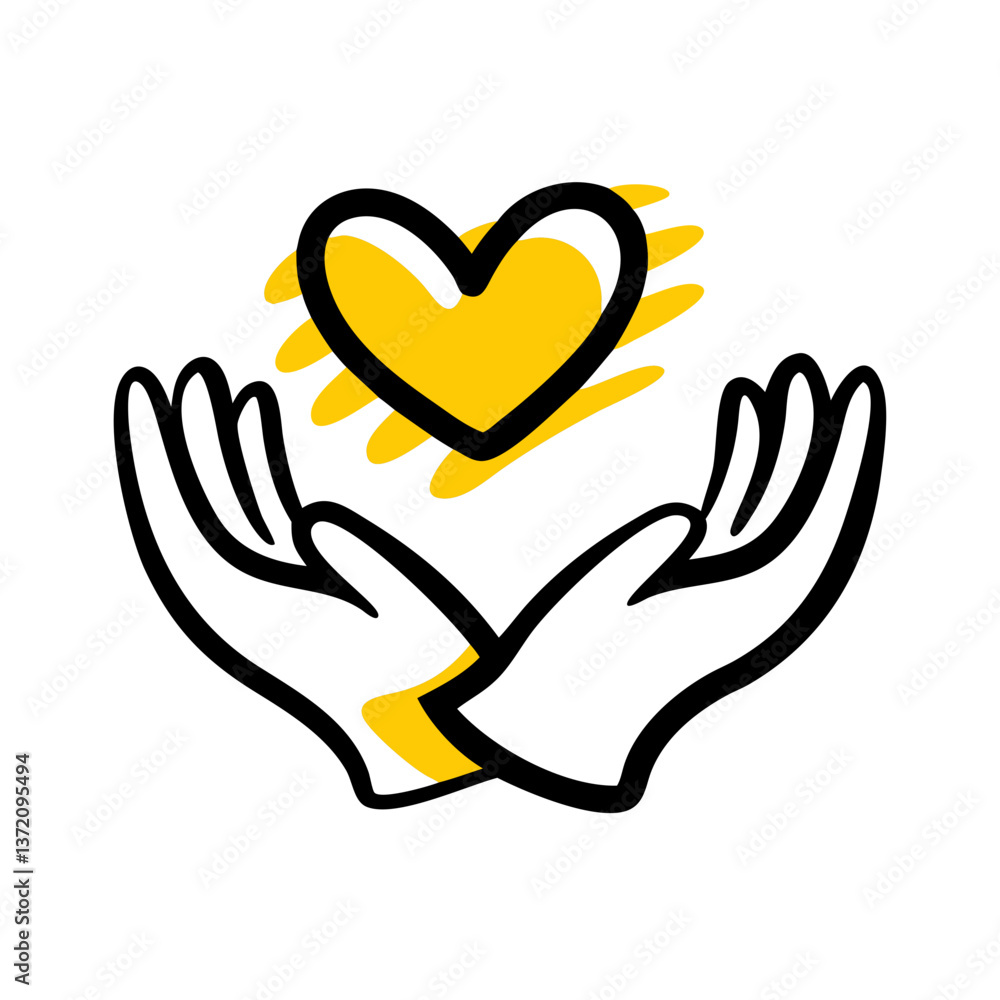 Obraz premium Minimalist linear doodle illustration with yellow accents with hands holding a heart for charity websites, donation pages and themes dedicated to love and support.