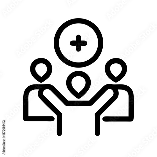  minimalist line art icon depicting three figures with a plus sign in a circle above the central figure, ideal for themes of team growth, community building, or user addition on websites or blogs.