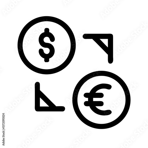 Dollar coin icon with arrow pointing to Euro coin for currency exchange websites,international finance blogs and global markets illustrations.