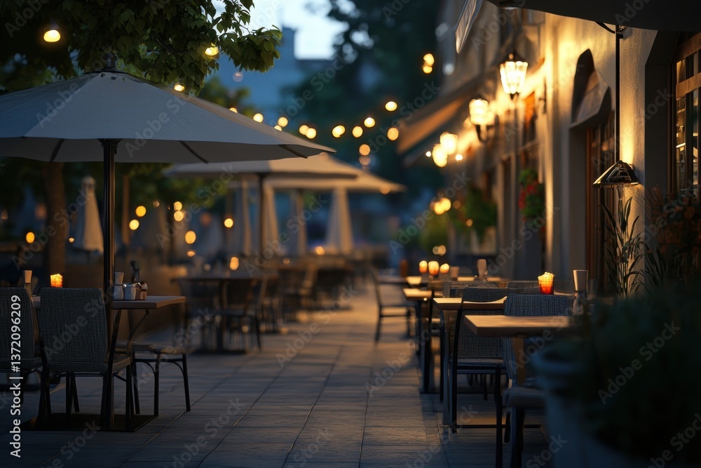 Evening dining atmosphere with lights and umbrellas in a cozy outdoor restaurant setting Evening dining atmosphere with lights and umbrellas in a cozy outdoor restaurant setting
