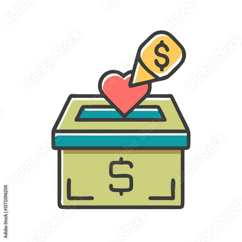 A donation box with a heart and a dollar symbol being inserted. Suitable for charity, fundraising, and support concepts.