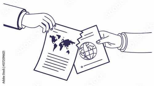 Two hands tearing papers with world map and globe, symbolizing travel ban or broken international agreements. Ideal for travel, politics, and global affairs content.