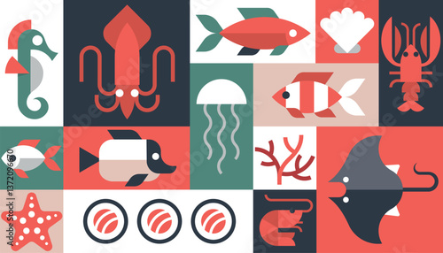 Seafood background vector geometric, set of icons Restaurant Cafe kitchen menu