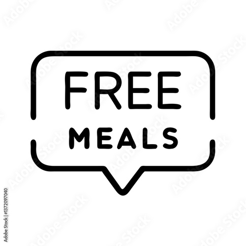 Simple black and white icon,FREE MEALS speech bubble for food bank websites, charity event adverts and community support pages.