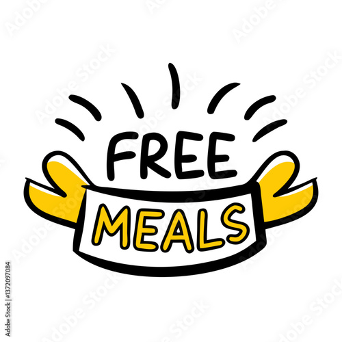 "FREE MEALS" text in a hand-drawn style with black outline and yellow fill. Use for charity, food bank, or community support related sites and blogs.