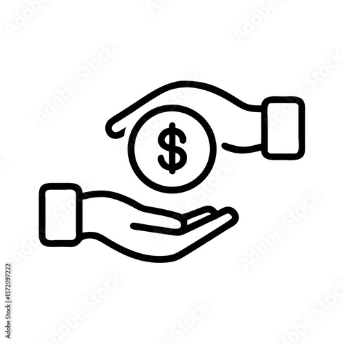 Line art icon of a hand holding a dollar sign pin. Use for finance, investment, or location-based deals websites and blogs.