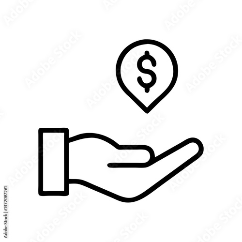 Line art icon of a hand holding a dollar sign pin. Use for finance, investment, or location-based deals websites and blogs.