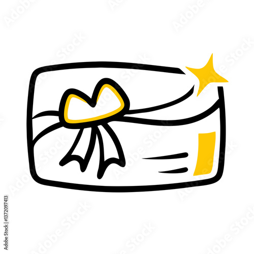 Line art icon of a gift card with a bow. Use for gift giving, shopping, or promotional websites and blogs.
