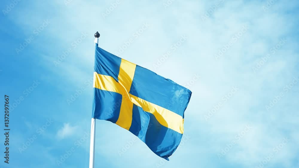 Swedish flags waving with the wind flow under the blue sky for national day celebration and symbol of european union. Swedish National day, midsummer, copyspace.