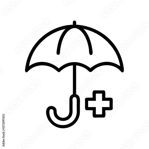 A black line icon showing an umbrella with a medical cross, in a flat design style. This icon is ideal for websites or blogs about health insurance, medical services, or healthcare protection.

