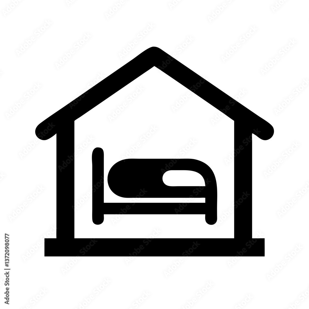 Bedroom icon, bed inside house outline, simple design, lodging symbol. Use for travel, real estate, hospitality blogs & websites. Bedroom icon, bed inside house outline, simple design, lodging symbol. Use for travel, real estate, hospitality blogs & websites.
