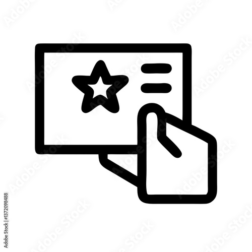 Line art icon of a loyalty card with a star and hand holding it. Use for rewards programs, customer loyalty, or business marketing websites and blogs.
