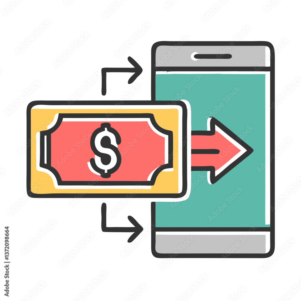 A colorful icon showing a dollar bill with arrows pointing towards and away from a smartphone. Use for mobile payment services, online banking, and digital money transfers. A colorful icon showing a dollar bill with arrows pointing towards and away from a smartphone. Use for mobile payment services, online banking, and digital money transfers.