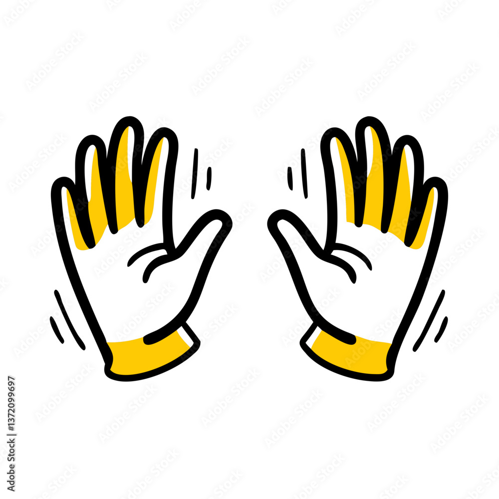 Obraz premium Two cartoon hands with white palms and yellow fingers and cuffs for websites or blogs about applause, greetings, hand gestures or cleaning (if gloves are implied).