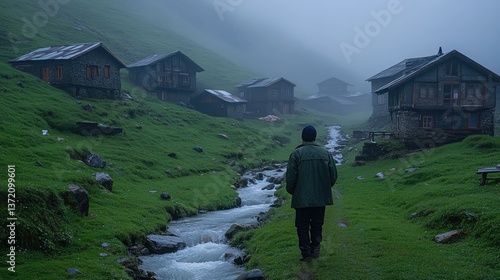 Man walking by a stream surrounded by quaint houses amidst misty hills in a rural setting