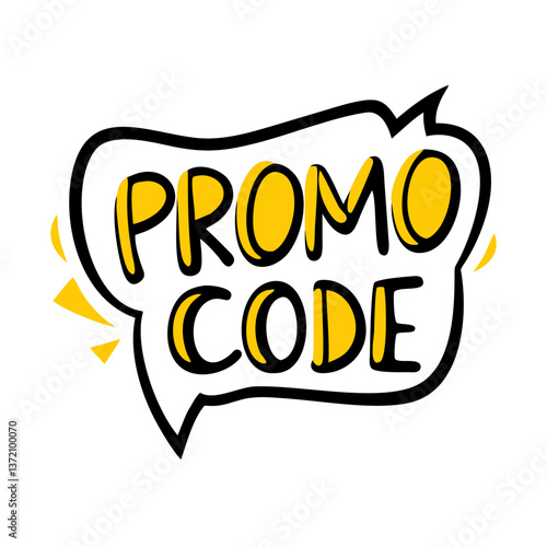 Playful 'PROMO CODE' speech bubble icon in yellow and black. Perfect for e-commerce sites, marketing campaigns, discount announcements, or retail blogs.
