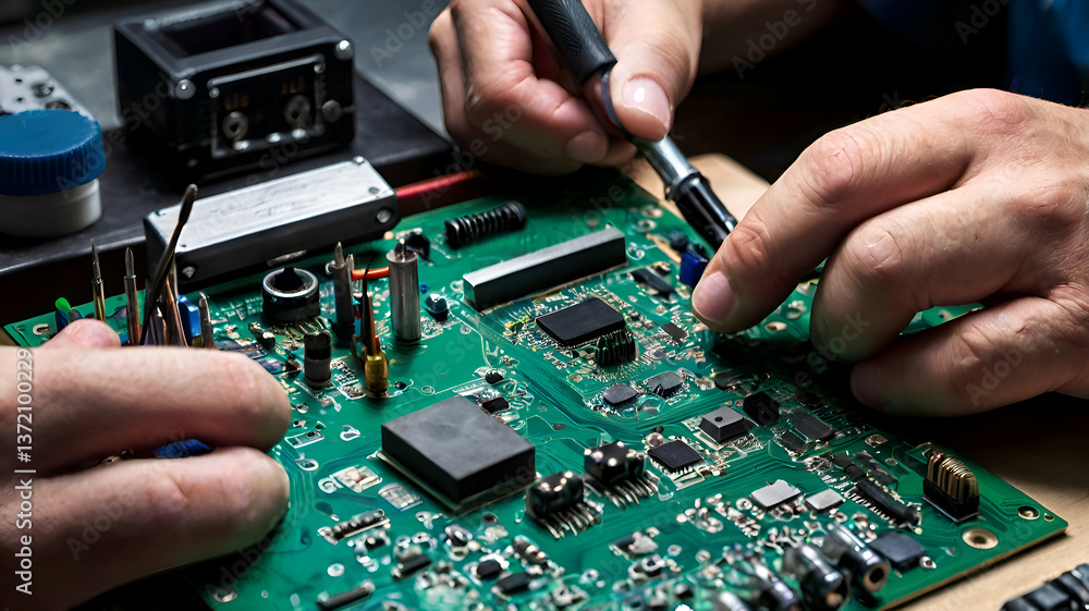 Electronics Repair Technician Working on Circuit Board with Precision Tools in Professional Workshops Electronics Repair Technician Working on Circuit Board with Precision Tools in Professional Workshops