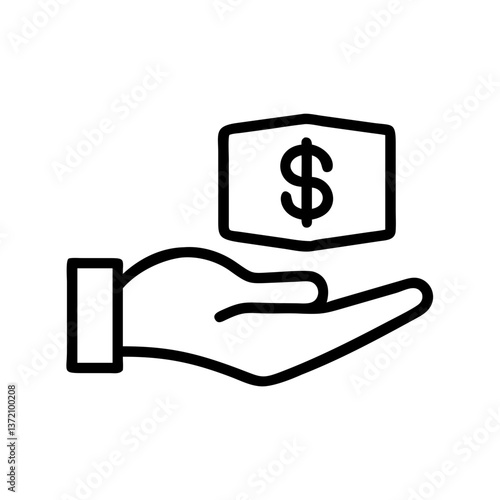 Black outline icon of hand offering gift box and dollar coin for donation appeals, reward programmes and gift giving concepts.