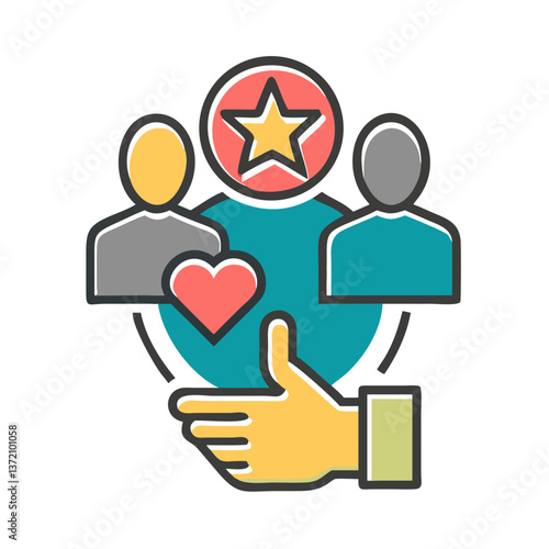 An icon showing a hand presenting two figures, one with a heart and another with a star, ideal for websites or blogs on customer experience, team recognition, or community support.


