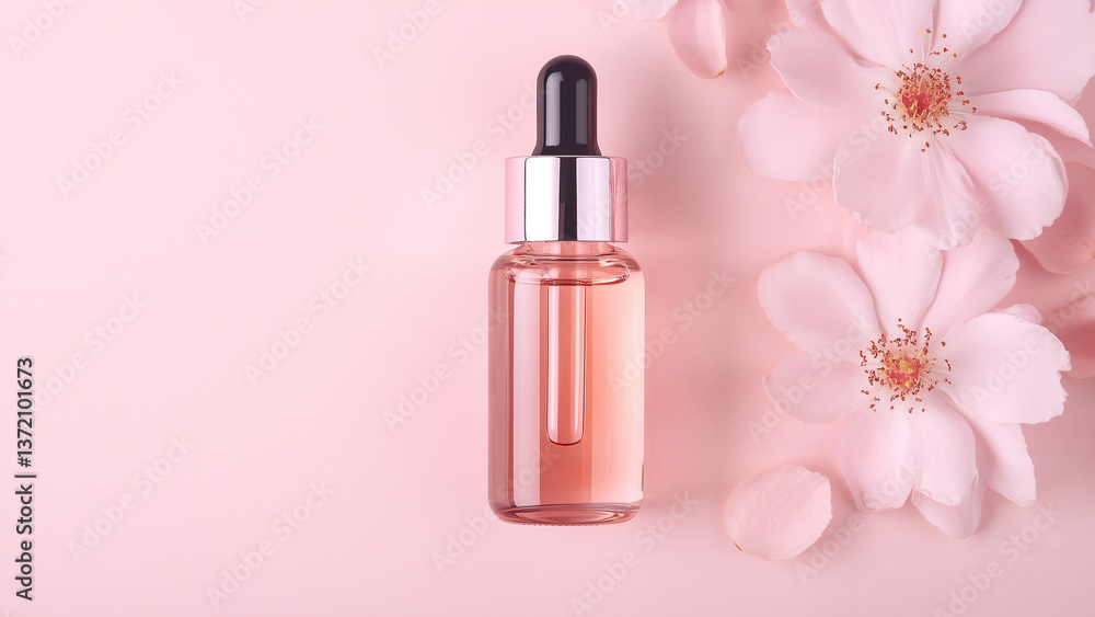 serum in glass dropper bottle with flower on pink background serum in glass dropper bottle with flower on pink background