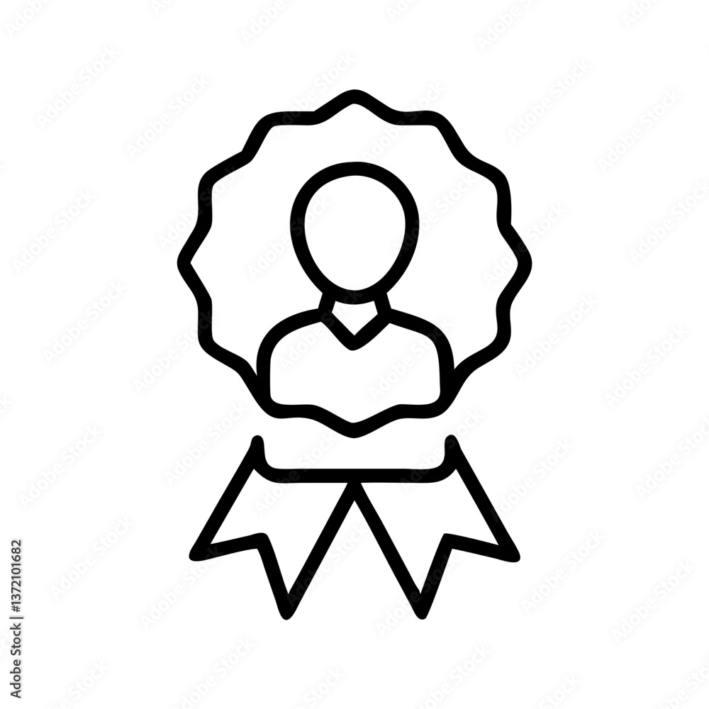 simple black outline icon of medal with star,circle containing person silhouette,and ribbon for achievement recognition, awards ceremonies,and profiles highlighting top performers or members simple black outline icon of medal with star,circle containing person silhouette,and ribbon for achievement recognition, awards ceremonies,and profiles highlighting top performers or members