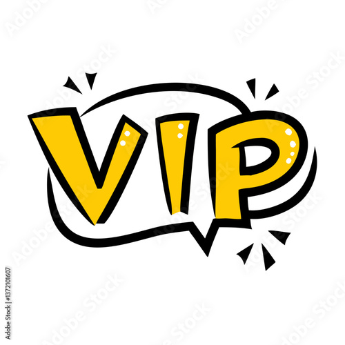 Vector doodle icon of the word “VIP” in bold font for websites or blogs related to exclusive events, premium services or special promotions.