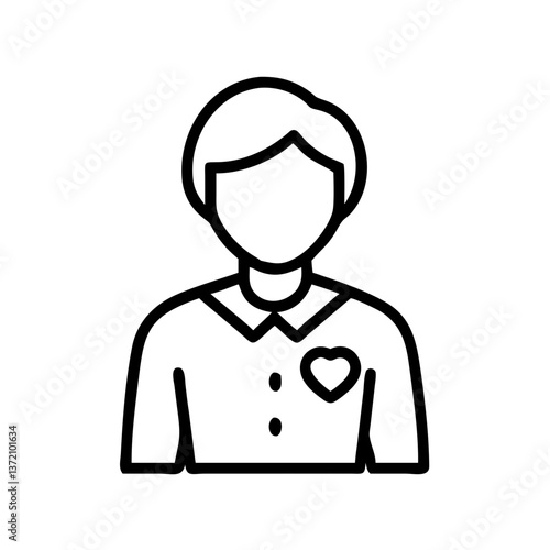 A simple black outline depicts a person and a heart symbol,symbolize volunteering, caring or friendly image suitable for community service, health or personal profile websites or blogs.