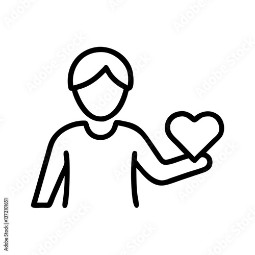 A simple black outline depicts a person and a heart symbol,symbolize volunteering, caring or friendly image suitable for community service, health or personal profile websites or blogs.