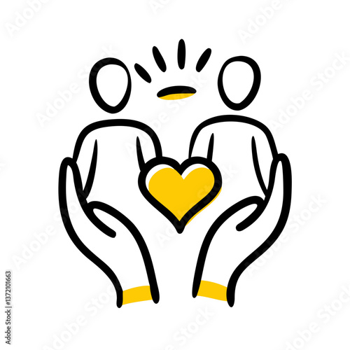 A simple black outline icon of two hands gently cradling a figure with a heart shape above its head. Use for charity websites, healthcare blogs, and social media posts about care, support, and love.