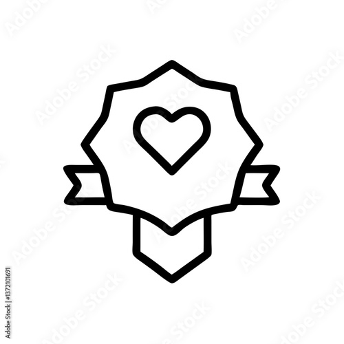 Heart badge with ribbon icon. Use on websites and blogs related to favorite content, top picks, loved items, quality endorsements, and charitable achievements.