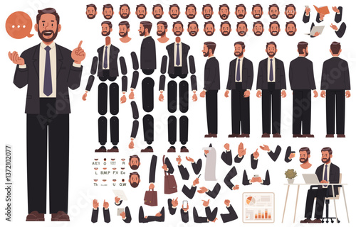 Business man character constructor. Speaker or financial consultant. Set of hands legs body and head positions for creating animation