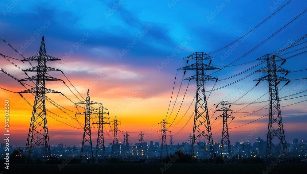 Fototapeta premium Silhouetted Power Lines Against a Vibrant Sunset Cityscape