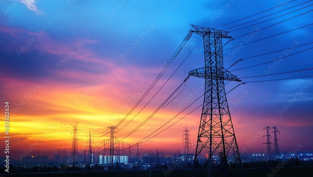 Fototapeta premium High Voltage Power Transmission Towers at Sunset over City
